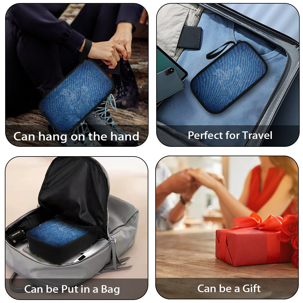 Collage of a blue travel pillow being used, packed in a suitcase, and wrapped as a gift.