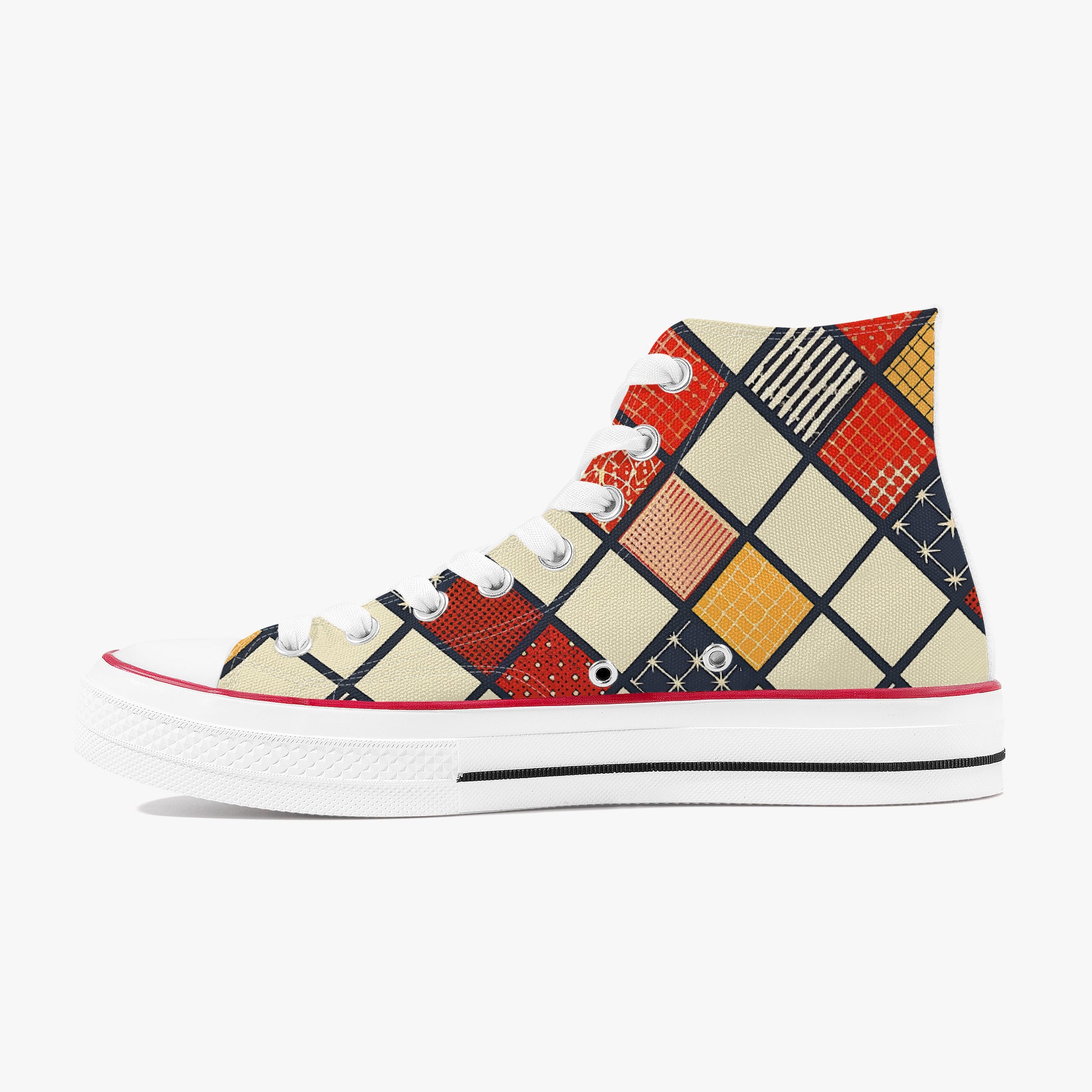 Colorful geometric-patterned high-top sneaker on a white background