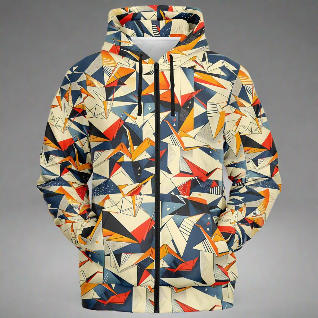 A premium black zip-up fashion hoodie featuring a white abstract geometric pattern inspired by the sharp angles and folds of traditional Japanese origami.