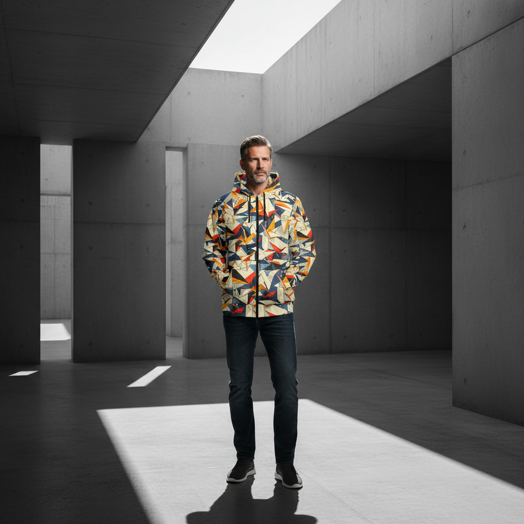 A sophisticated man in his late 40s is standing in a minimalist concrete architectural space with dramatic shadows. He is wearing the Origami Geometric Zip-Up Hoodie.