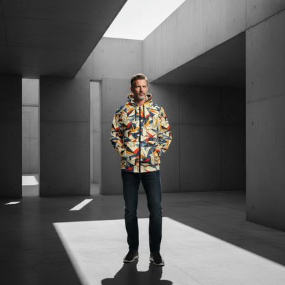 A sophisticated man in his late 40s is standing in a minimalist concrete architectural space with dramatic shadows. He is wearing the Origami Geometric Zip-Up Hoodie.