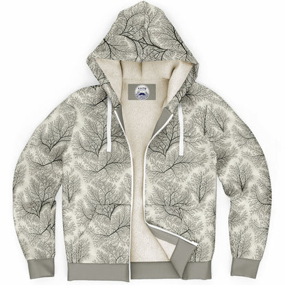 A zip-up hoodie with a beige and gray tree branch pattern on the exterior and a cream-colored fleece interior lining, shown against a plain white background.