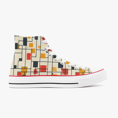 High-top sneaker with geometric pattern on a white background