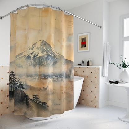 A shower curtain featuring a Japanese-style mountain landscape print in beige, brown, gray, and black tones, hanging in a bright white bathroom with a bathtub, tiled wall, and side table.