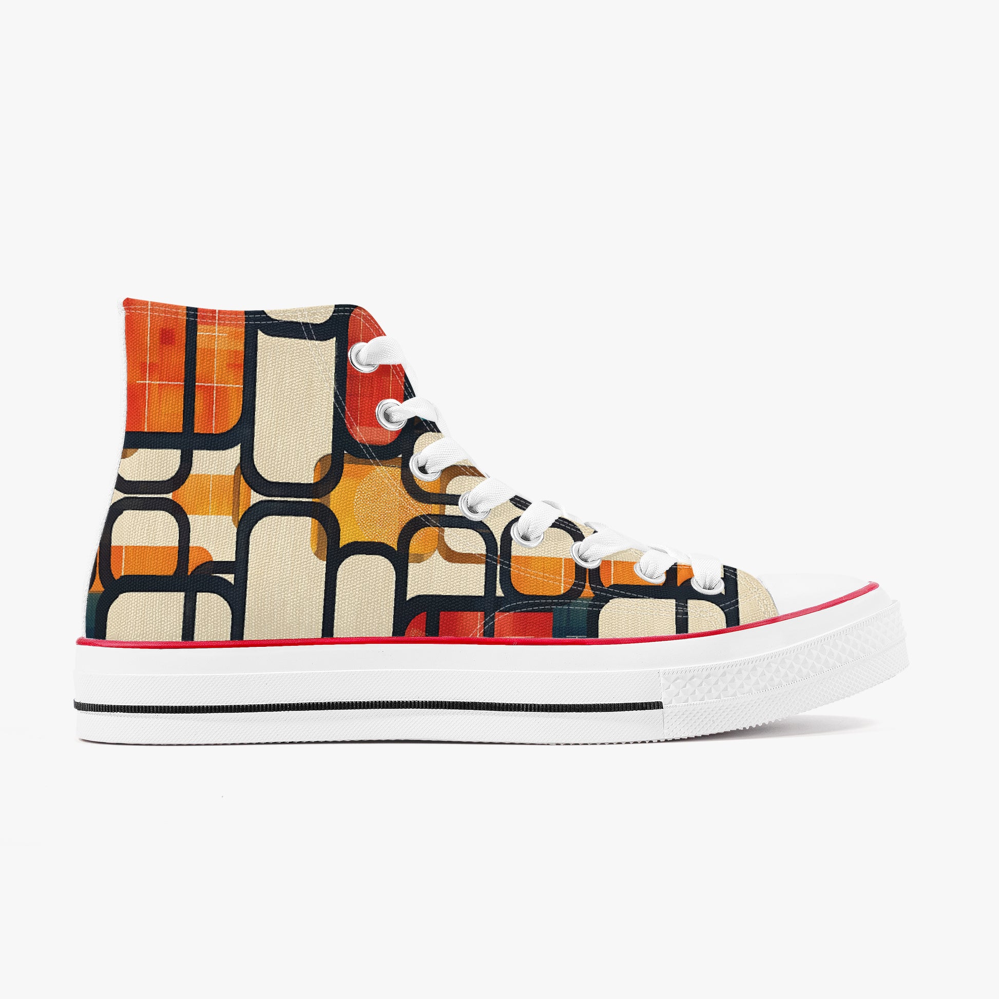 High-top sneaker with geometric pattern on a white background