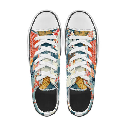 Pair of sneakers with a colorful leaf pattern on a white background