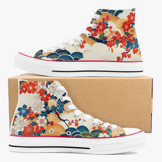 Floral patterned high-top sneakers with a matching box on a white background