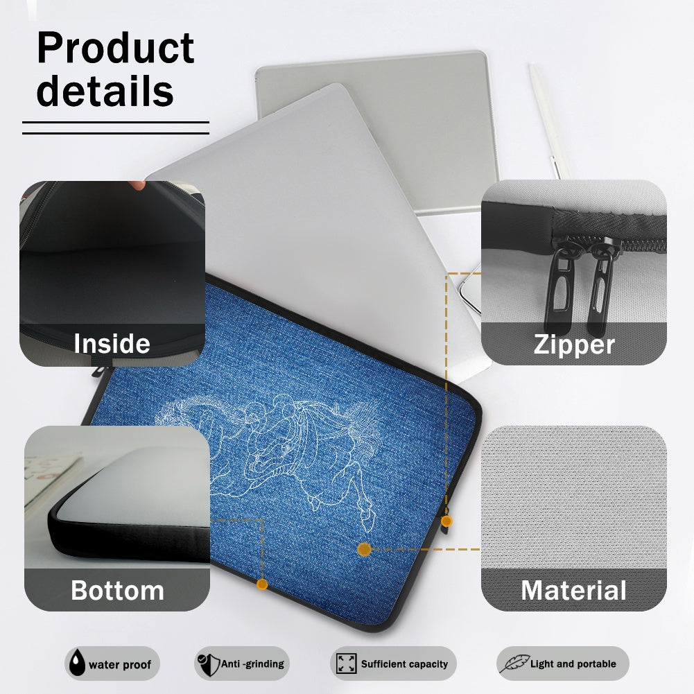 Laptop sleeve with blue design, showing different angles and features on a white background.