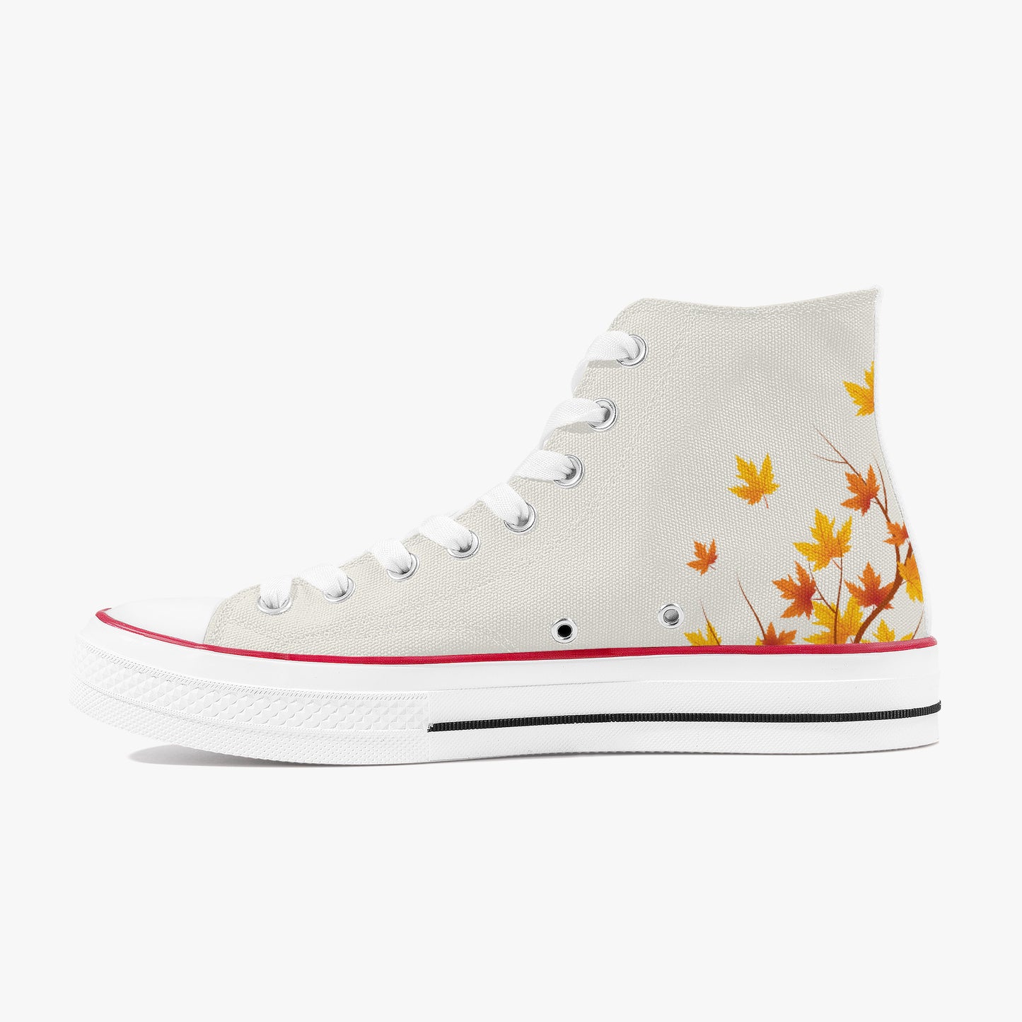 A high-top canvas sneaker in off-white, featuring a colorful autumn maple leaf print on the side, white laces, a red stripe along the toe, and a white rubber sole.