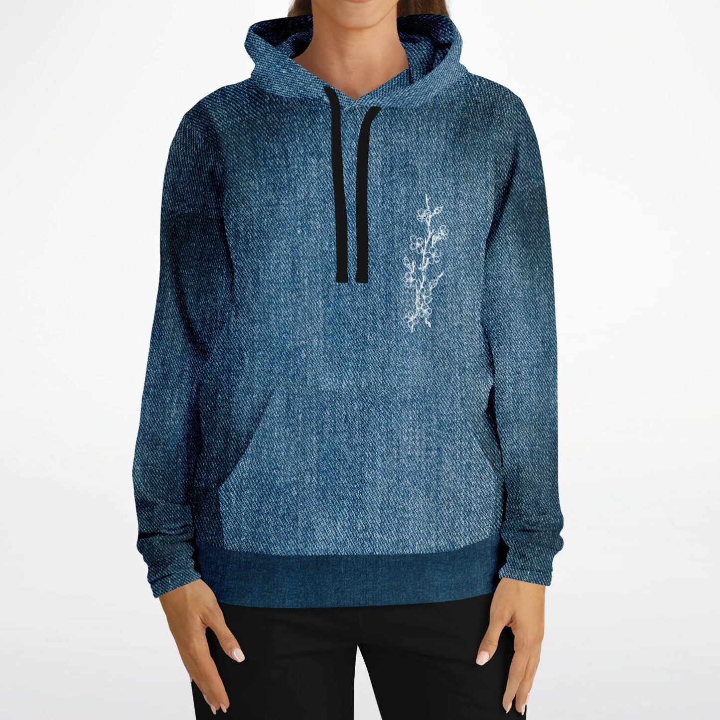 Blue hoodie with floral embroidery on a white background