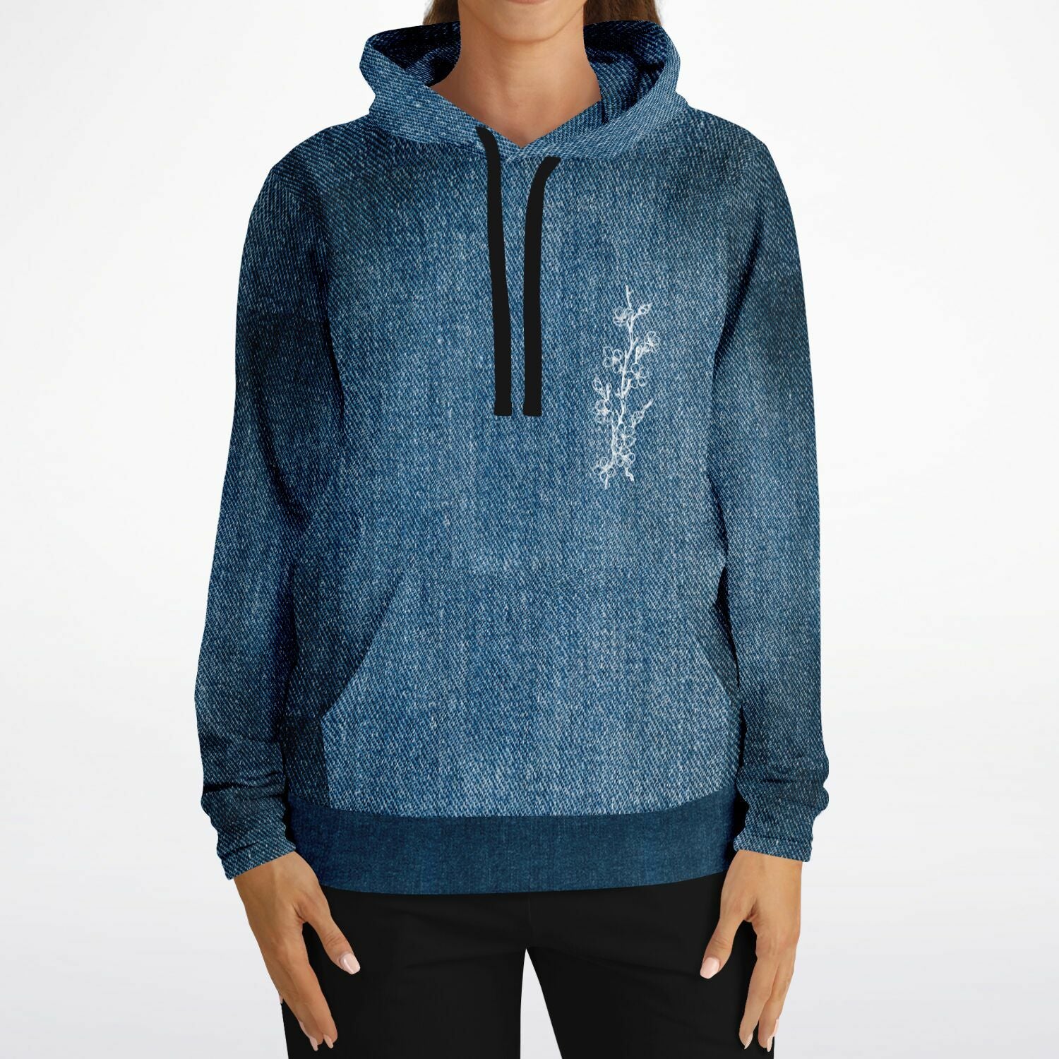 Blue hoodie with floral embroidery on a white background