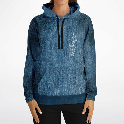 Blue hoodie with floral embroidery on a white background
