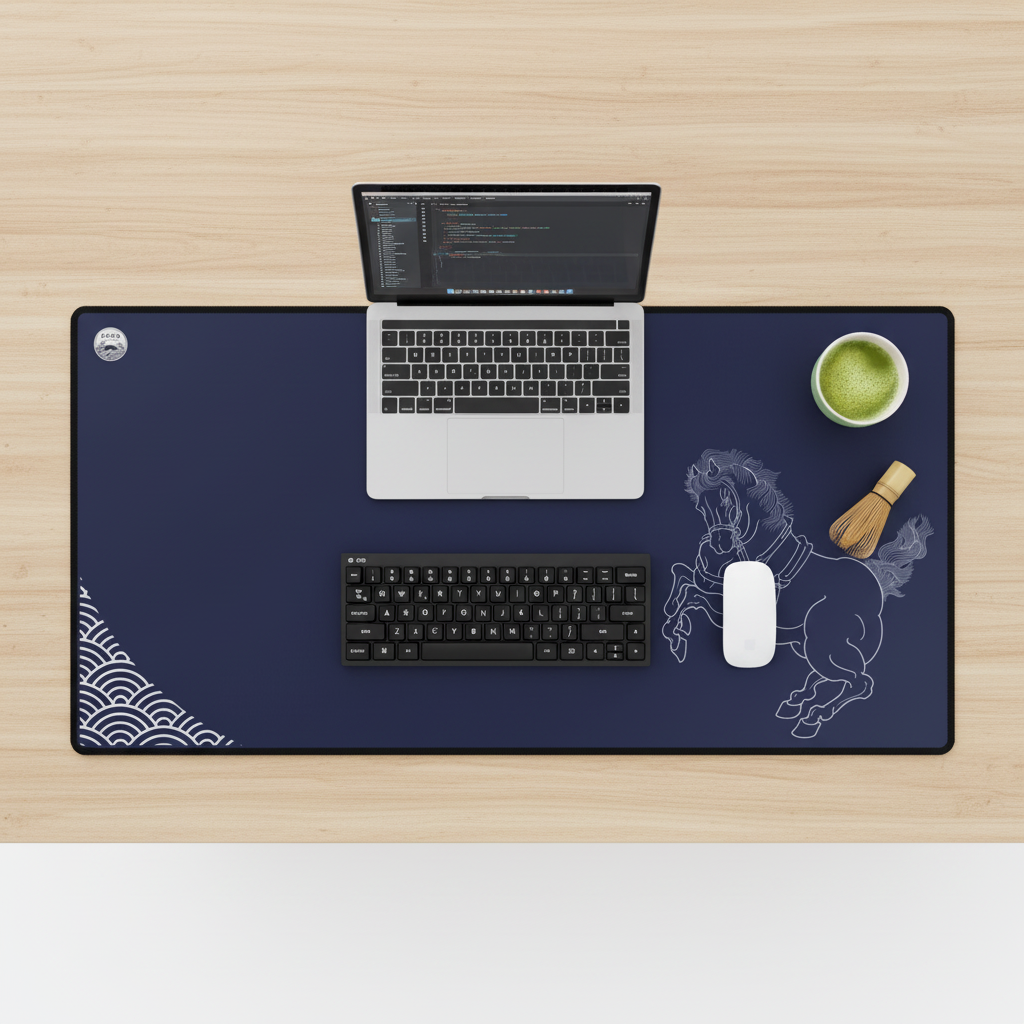Desk setup with a laptop, keyboard, mouse, and decorative items on a large desk mat.