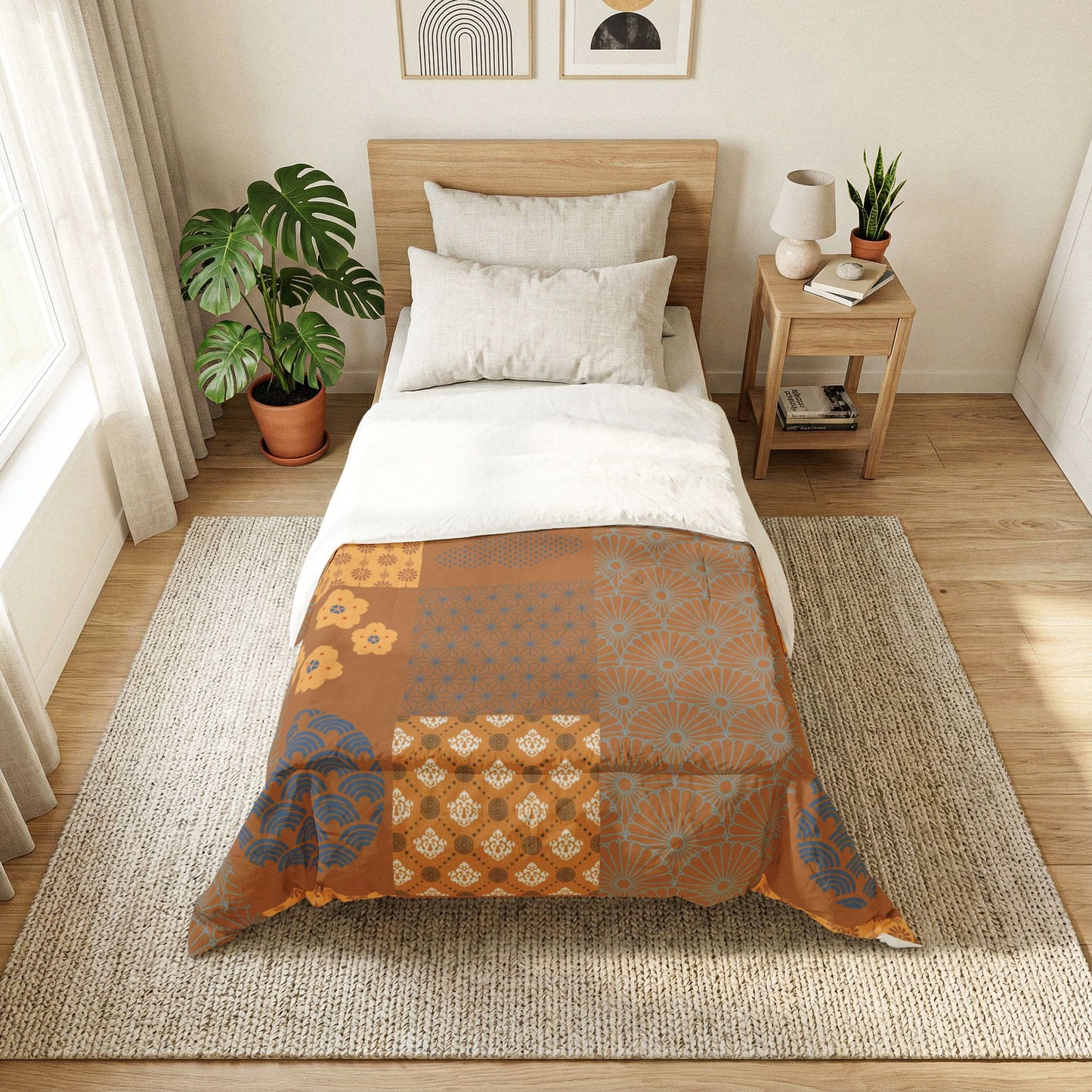 Bedroom with a bed featuring a patterned quilt, nightstand, and decor items. Heritage Cotton