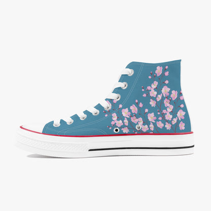 Blue high-top sneaker with pink floral pattern on a white background