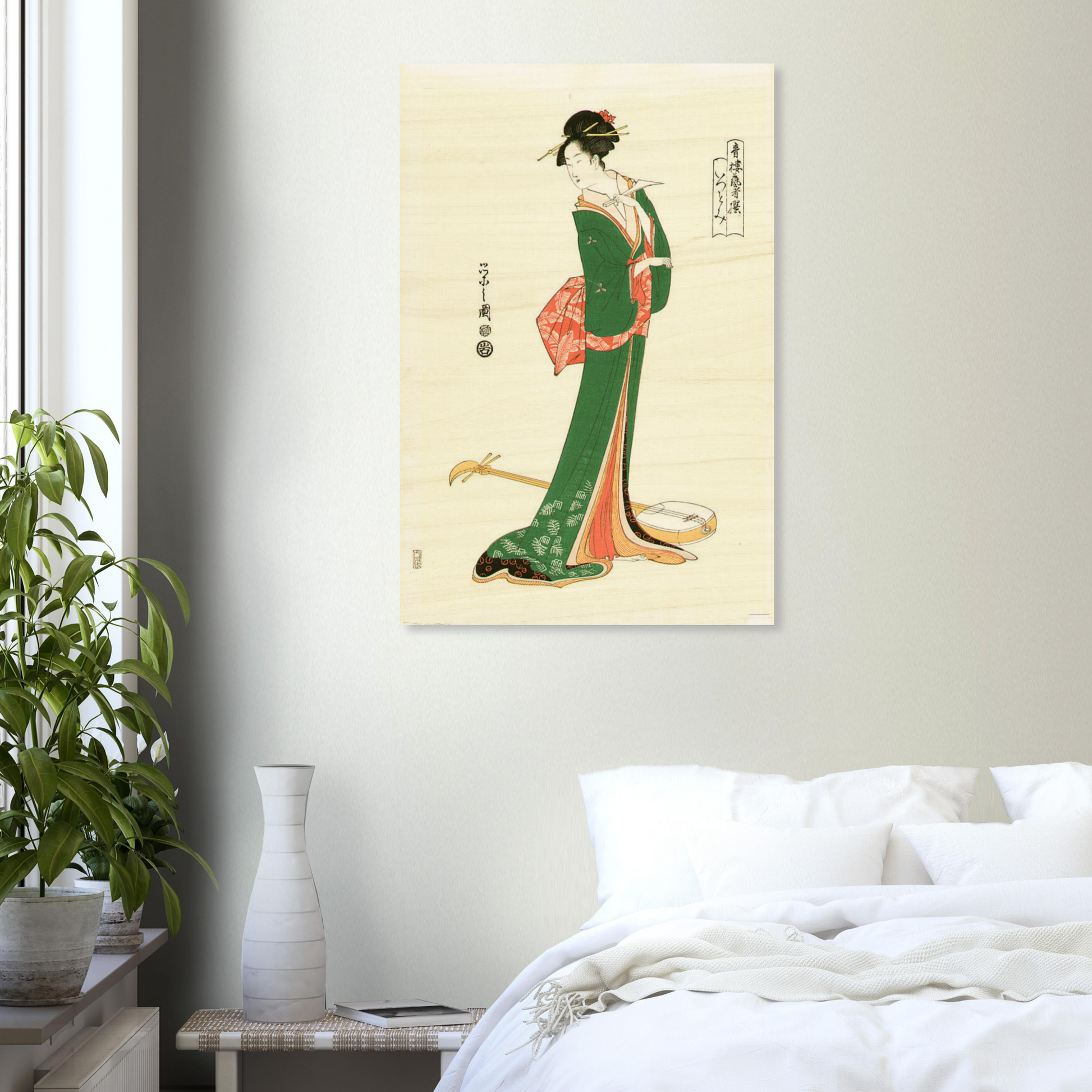 Japanese-style wall art of a woman in a green kimono in a bedroom setting.
