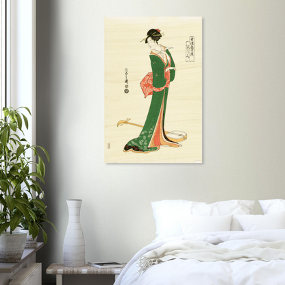 Japanese-style wall art of a woman in a green kimono in a bedroom setting.