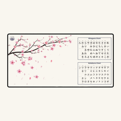 Keyboard mat with cherry blossom design and Japanese characters on a white background