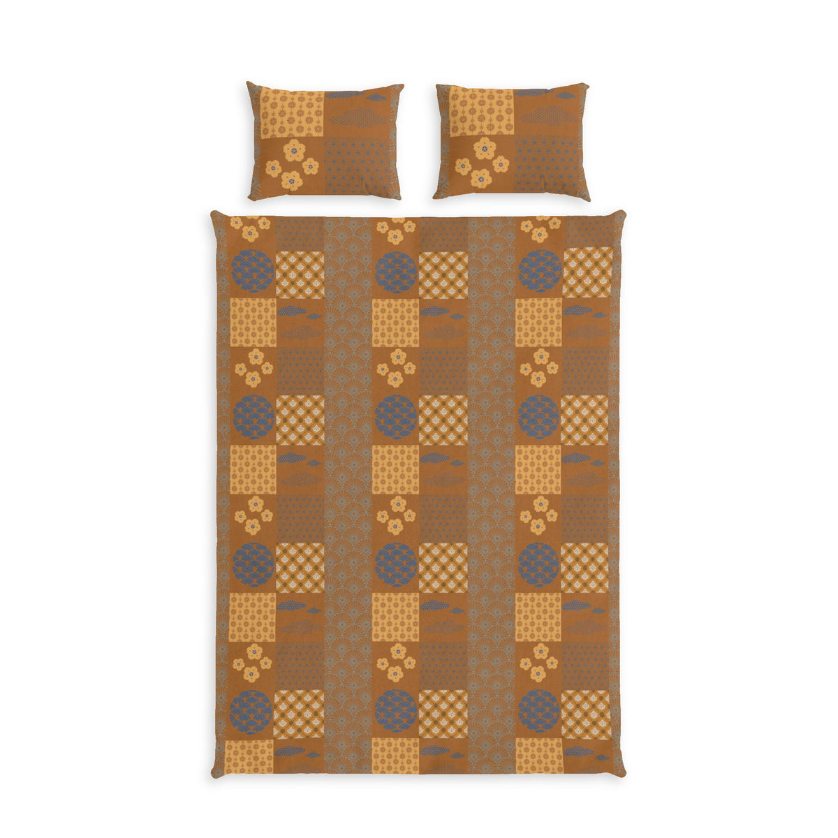 A bedding set featuring a patchwork quilt and two matching pillowcases with a geometric and floral pattern in shades of brown, tan, and muted blue-gray, displayed on a solid white background.