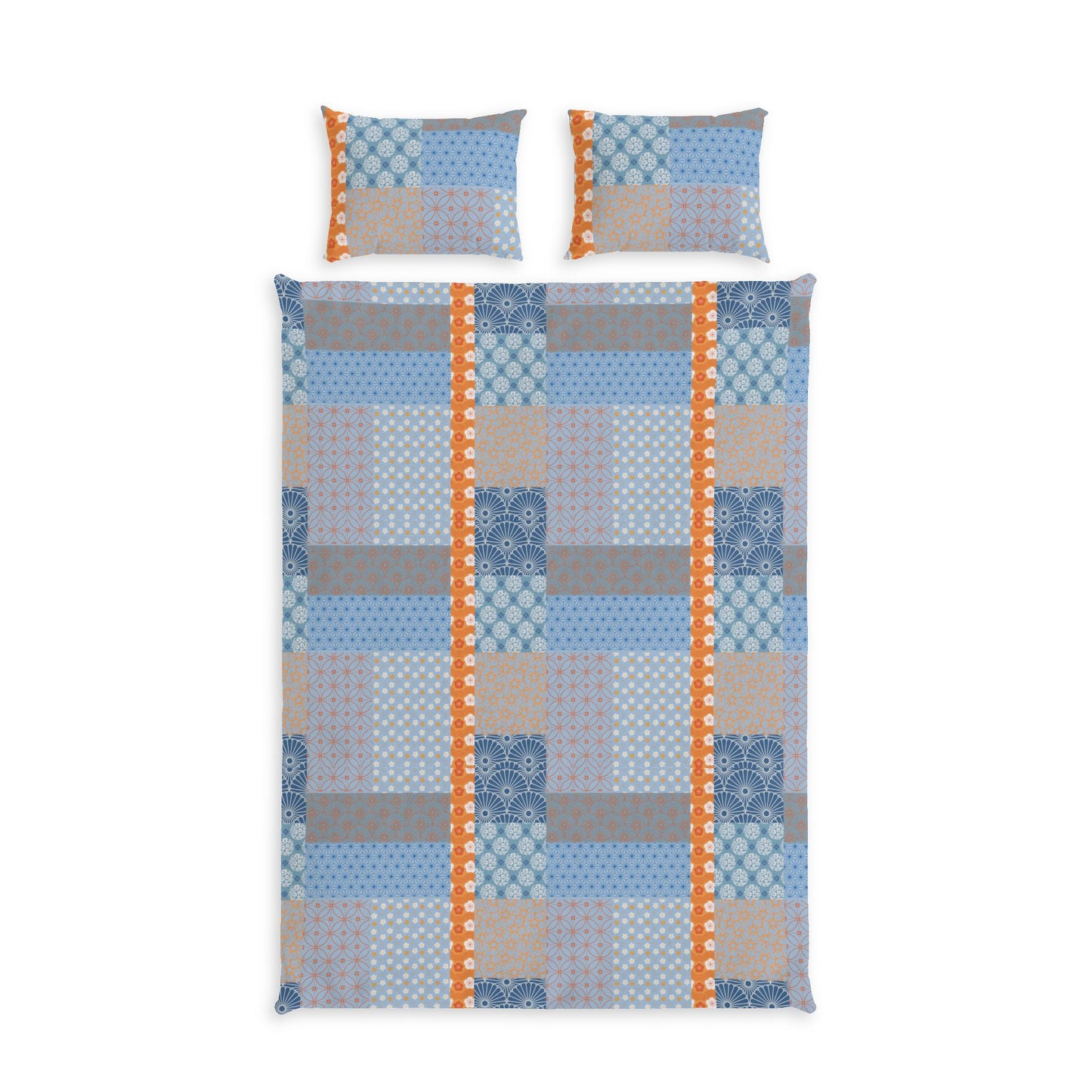 A patchwork quilt set featuring a duvet cover and two matching pillowcases with a blue, gray, and beige geometric patchwork design accented by orange stripes.