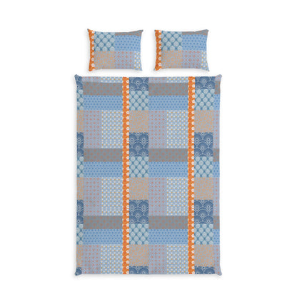 A patchwork quilt set featuring a duvet cover and two matching pillowcases with a blue, gray, and beige geometric patchwork design accented by orange stripes.