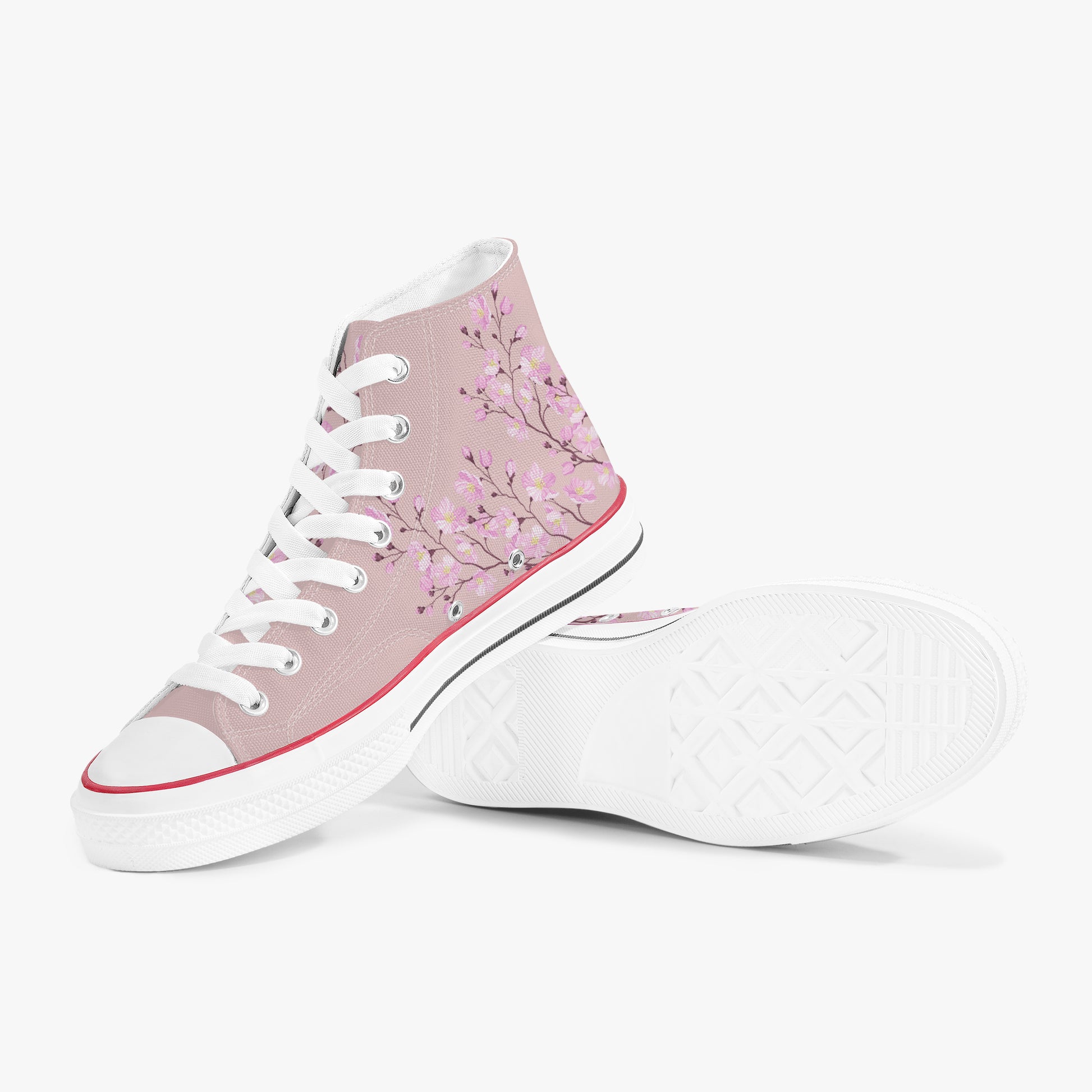 High-top sneakers with cherry blossom design on a white background