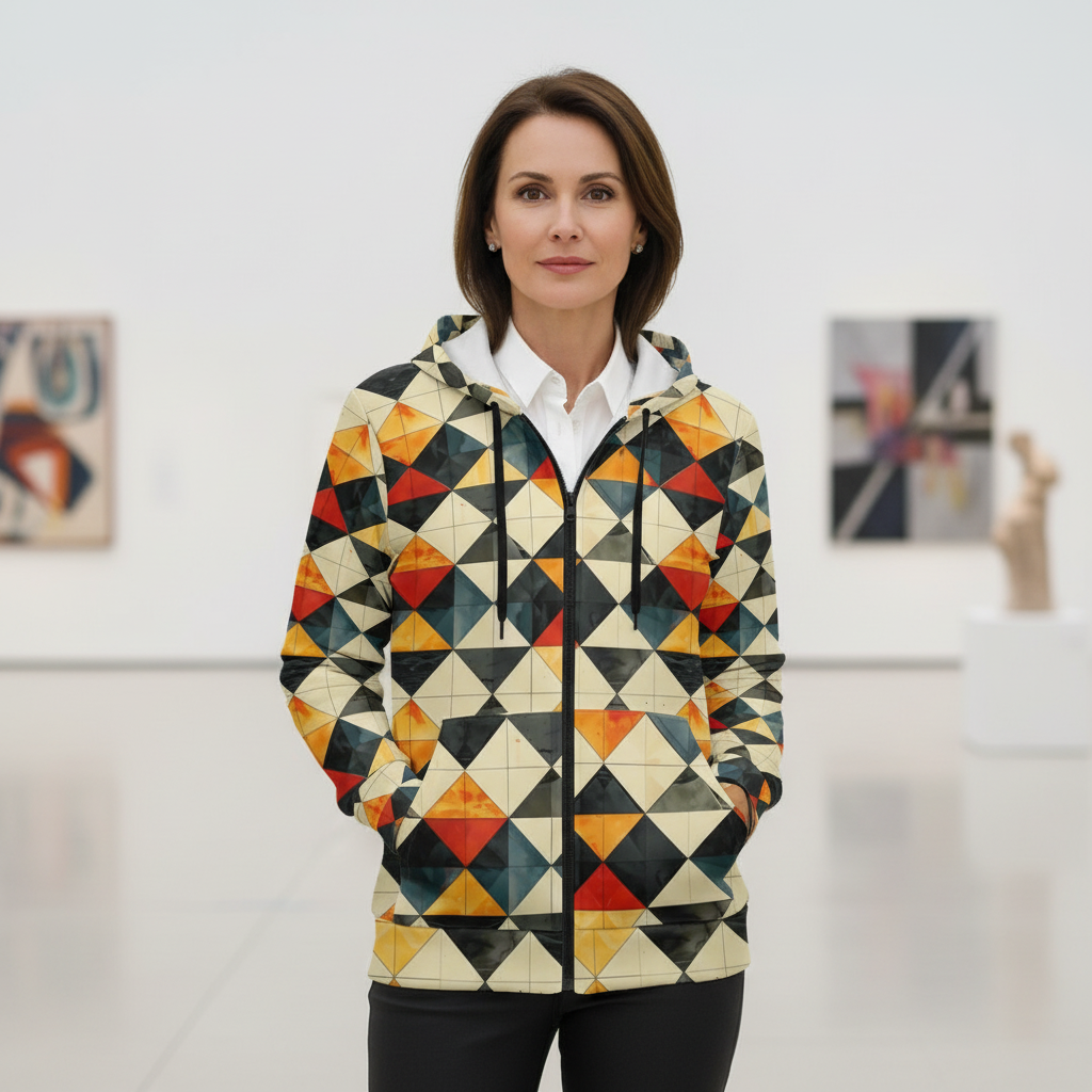 Woman wearing a colorful geometric patterned jacket in an art gallery setting.