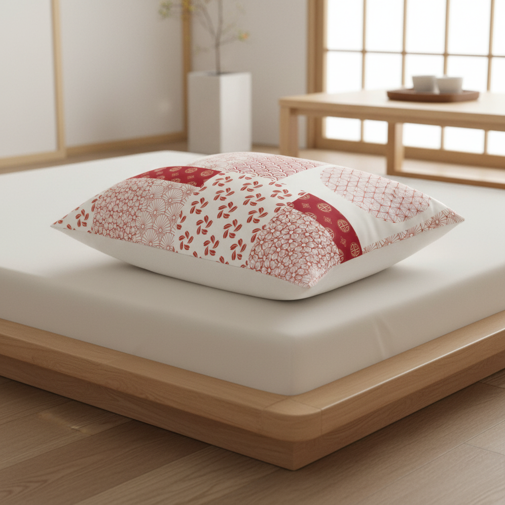 A square decorative pillow with a patchwork of red and pink Japanese-style patterns on a white background, resting on a white mattress on a light wood platform bed in a minimalist, warm-toned room.