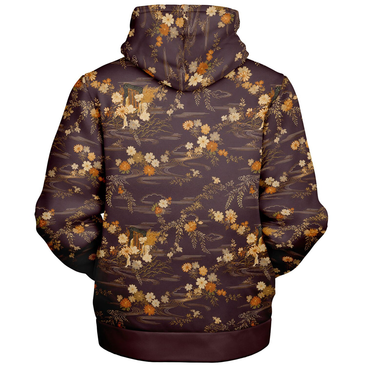 A pullover hoodie shown from the back, featuring an all-over print of a Japanese landscape with cherry blossoms, deer, and a river. The base color is a dark plum purple, with the print detailed in gold, beige, and white.