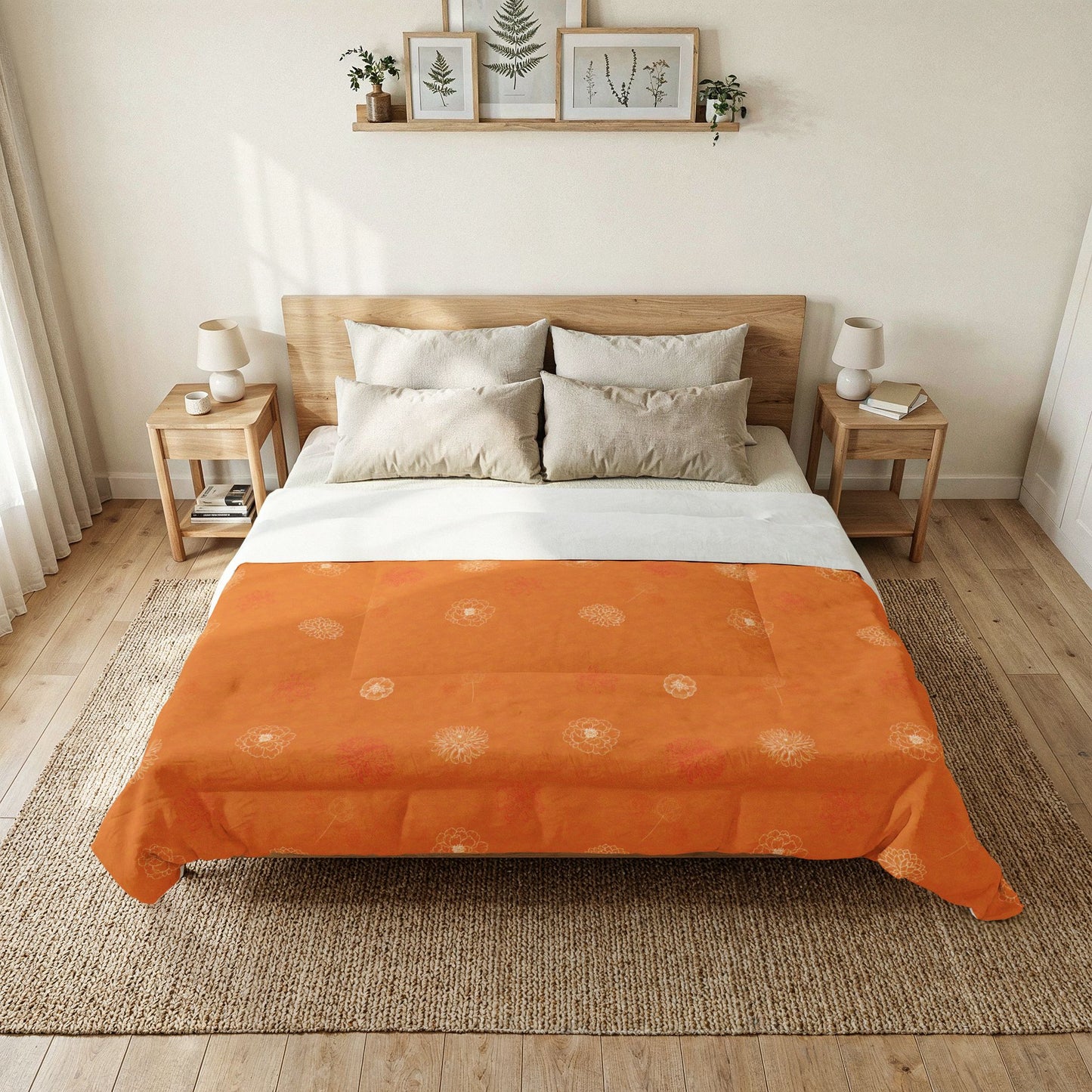 An orange patterned comforter or duvet cover with a white top border and white upper section, styled on a bed in a bright, modern bedroom setting.