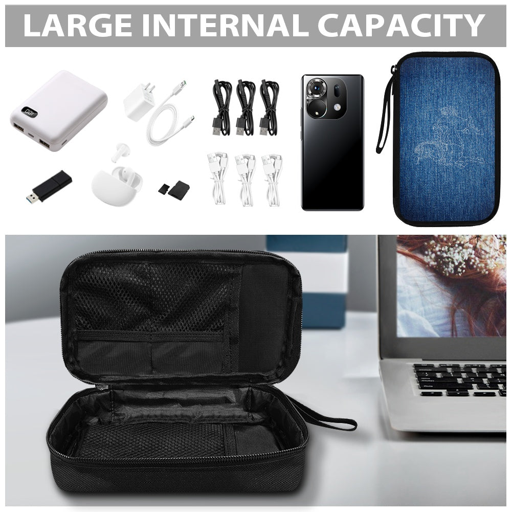 Black travel case with electronic accessories and laptop on a white surface