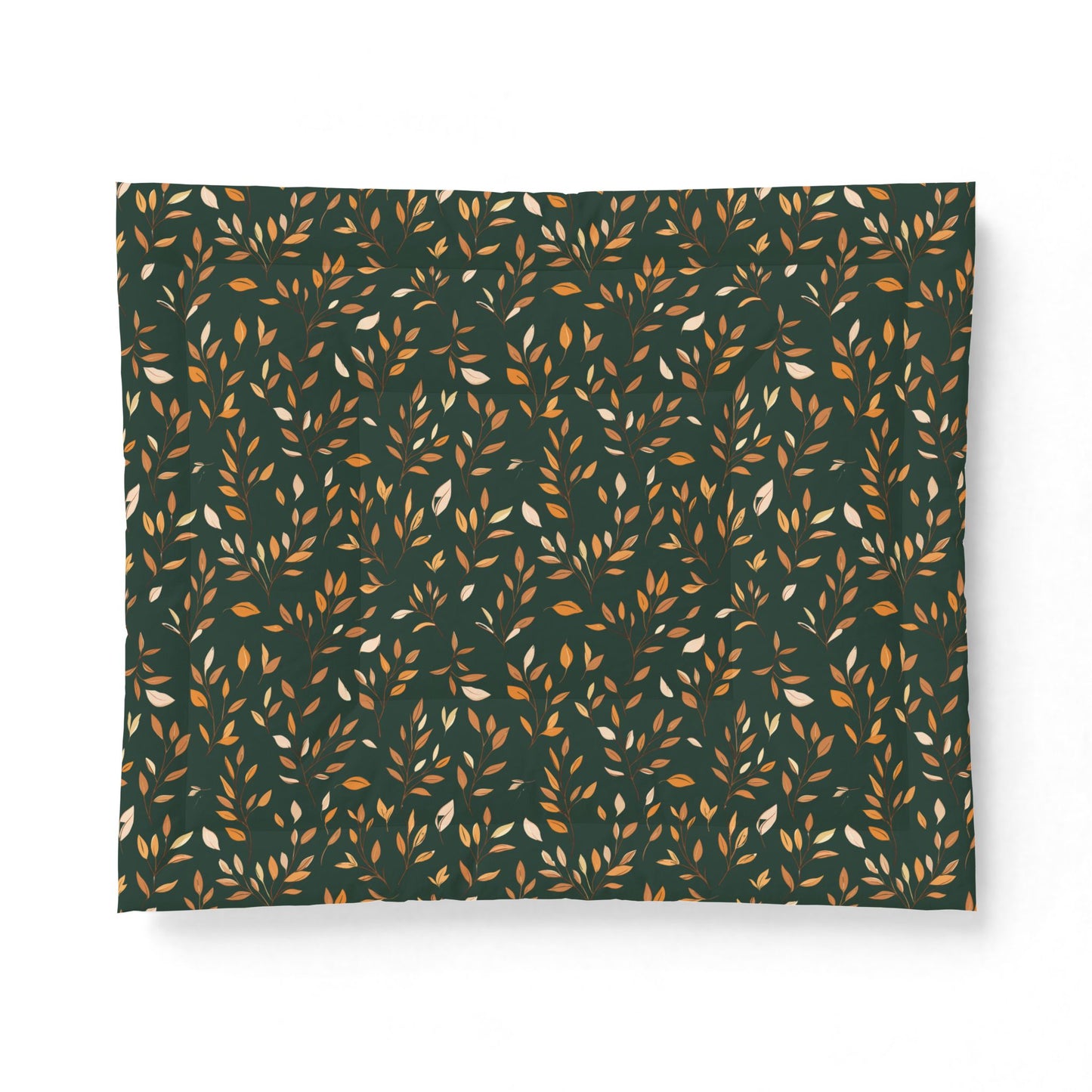 A rectangular fabric or paper product with a repeating pattern of small leafy stems on a dark forest green background, featuring warm gold and off-white accents, shown against a plain white background.