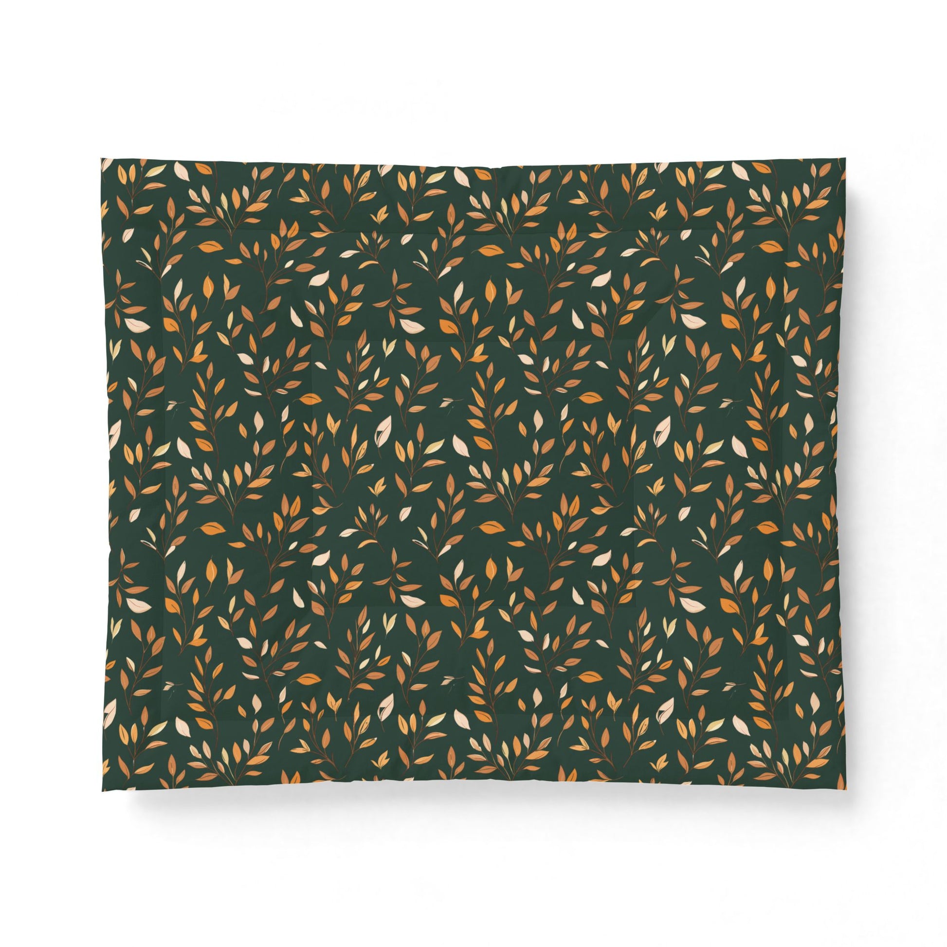 A rectangular fabric or paper product with a repeating pattern of small leafy stems on a dark forest green background, featuring warm gold and off-white accents, shown against a plain white background.