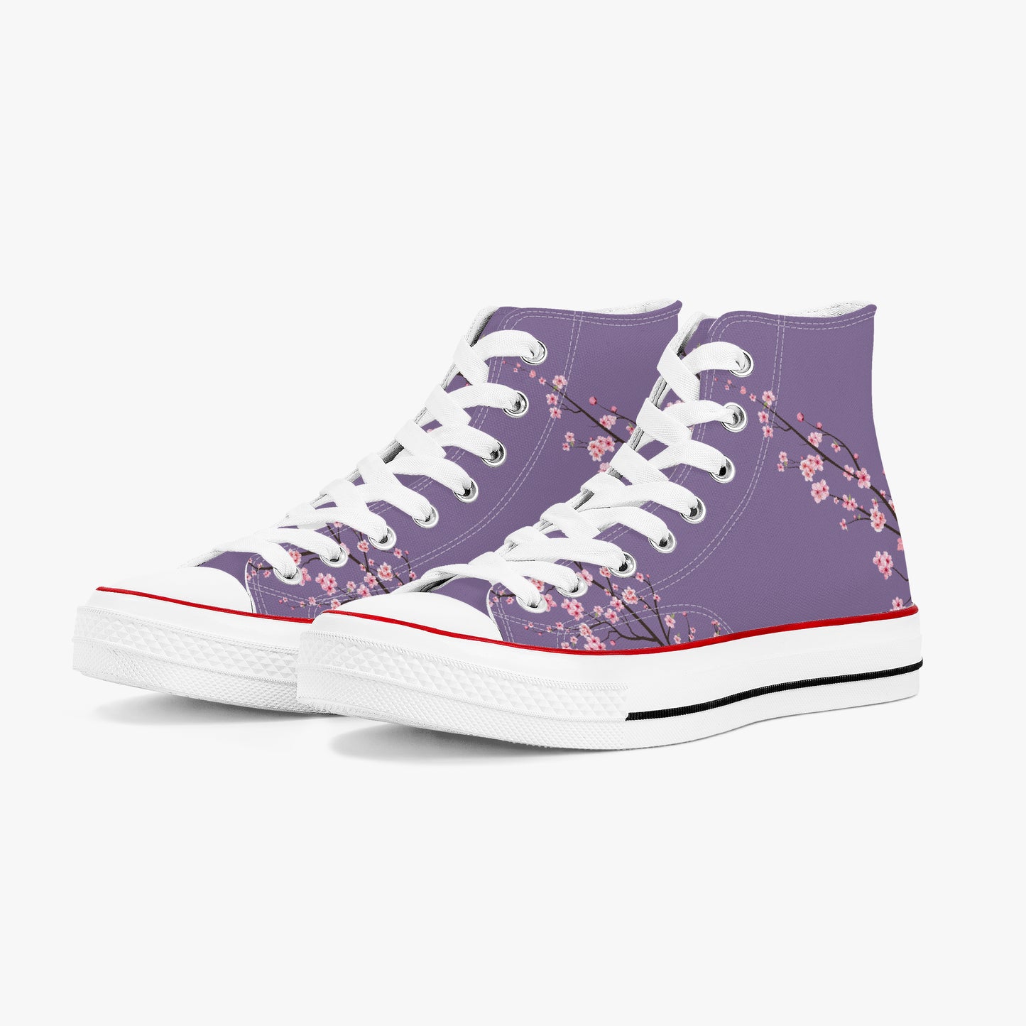 Purple high-top sneakers with floral pattern on a white background