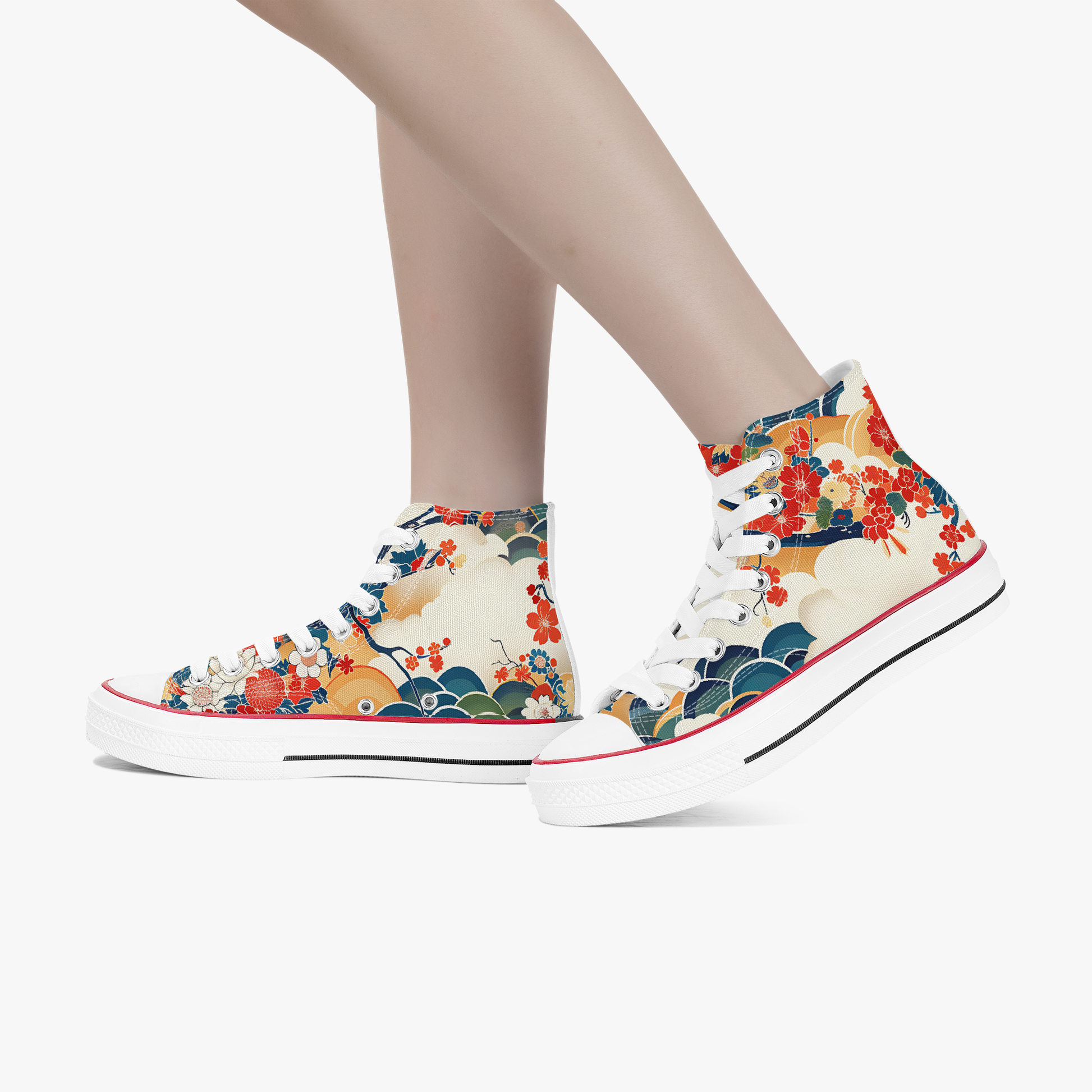 Colorful floral sneakers worn by a person on a white background