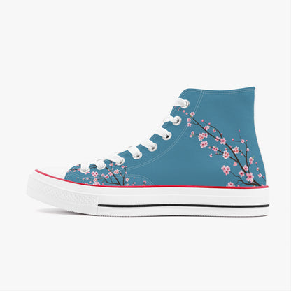 Blue high-top sneaker with cherry blossom design on a white background