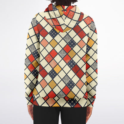 Colorful geometric patterned hoodie on a white background