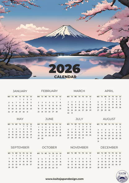 Calendar for 2026 with a scenic Mount Fuji and cherry blossoms design.