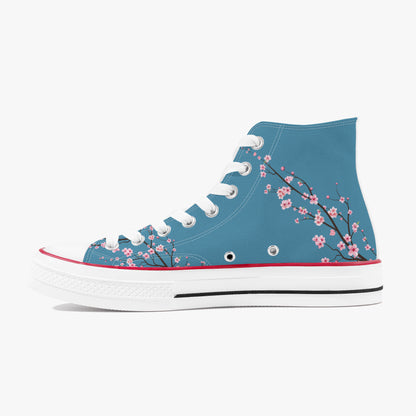 Blue high-top sneaker with cherry blossom design on a white background