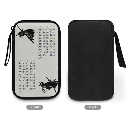 Black and white pouch with illustrations and text on front and back