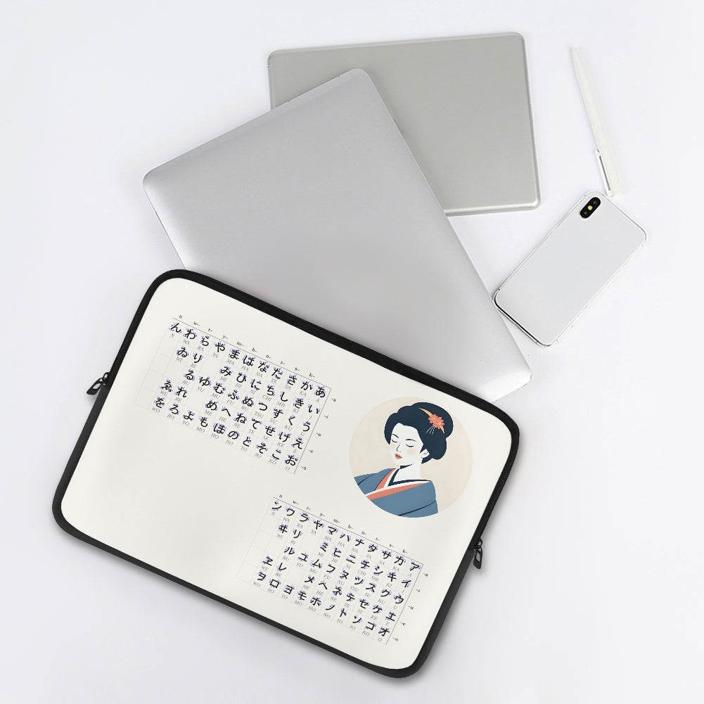 Laptop with a sleeve featuring an illustration of a woman and text on a white background