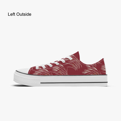 A low-top canvas sneaker shown from the left side, featuring a red upper with a white palm leaf pattern, white laces, a white rubber toe cap, and a thick white platform sole with a thin black stripe. The text 'Left Outside' is visible in the top-left corner.