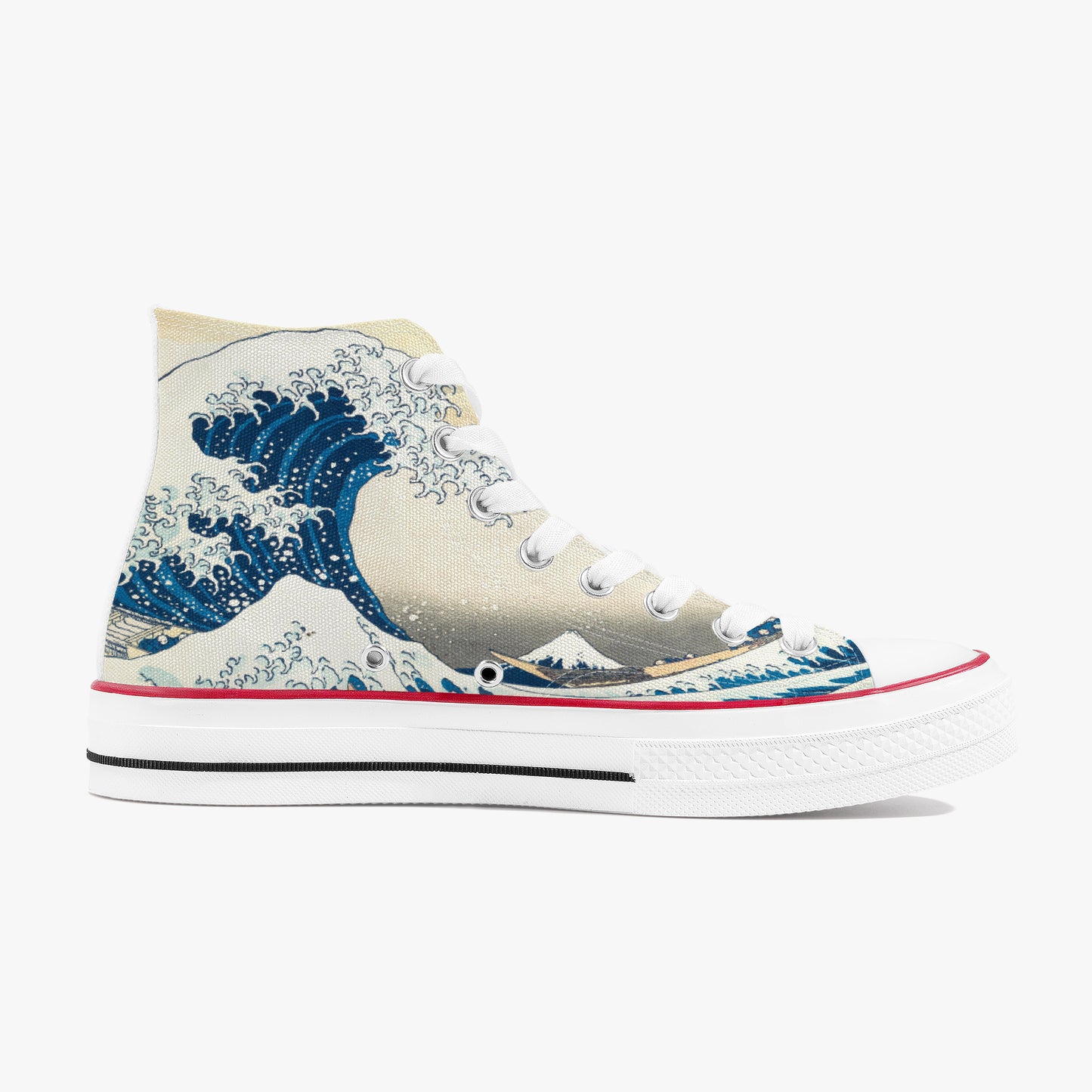 Sneaker with artistic wave design on a white background