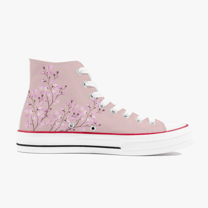 Pink high-top sneaker with floral design on a white background