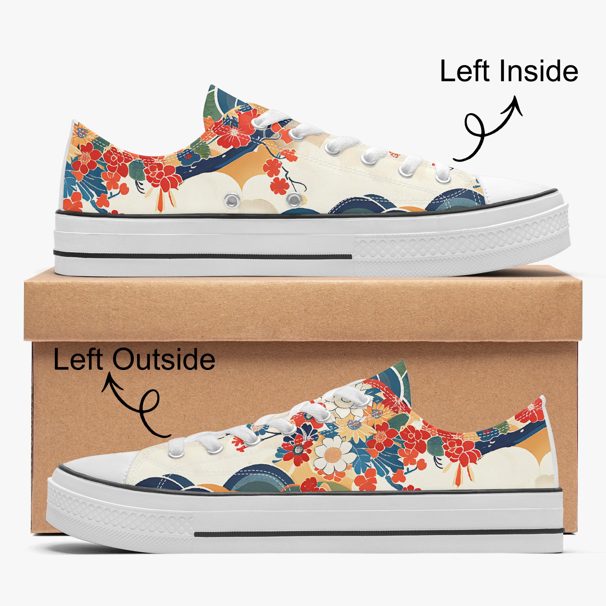 Floral-patterned sneakers on a matching box with directional labels.