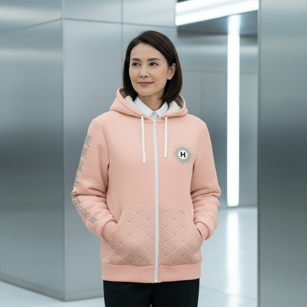 Woman wearing a pink quilted hoodie with a logo in an elevator.