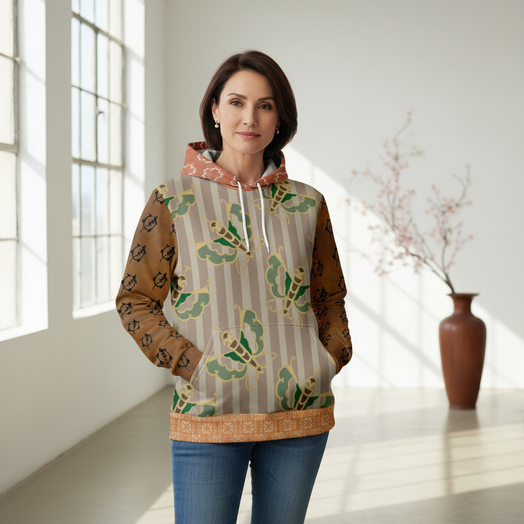 Woman wearing a patterned hoodie standing in a bright room with a vase in the background