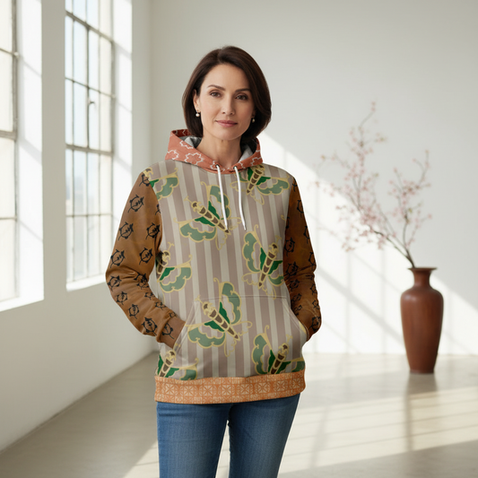 Woman wearing a patterned hoodie standing in a bright room with a vase in the background