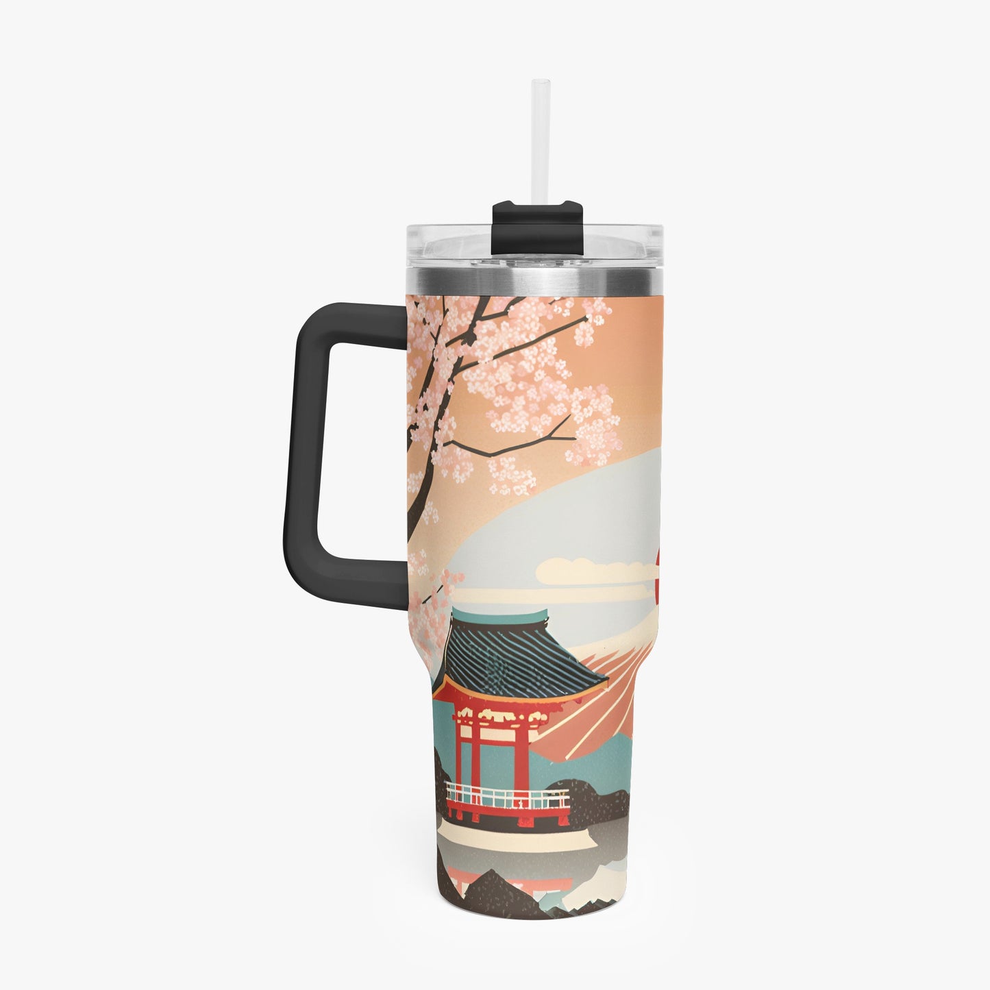 Sunrise Temple Car Tumbler Cup Black Handle