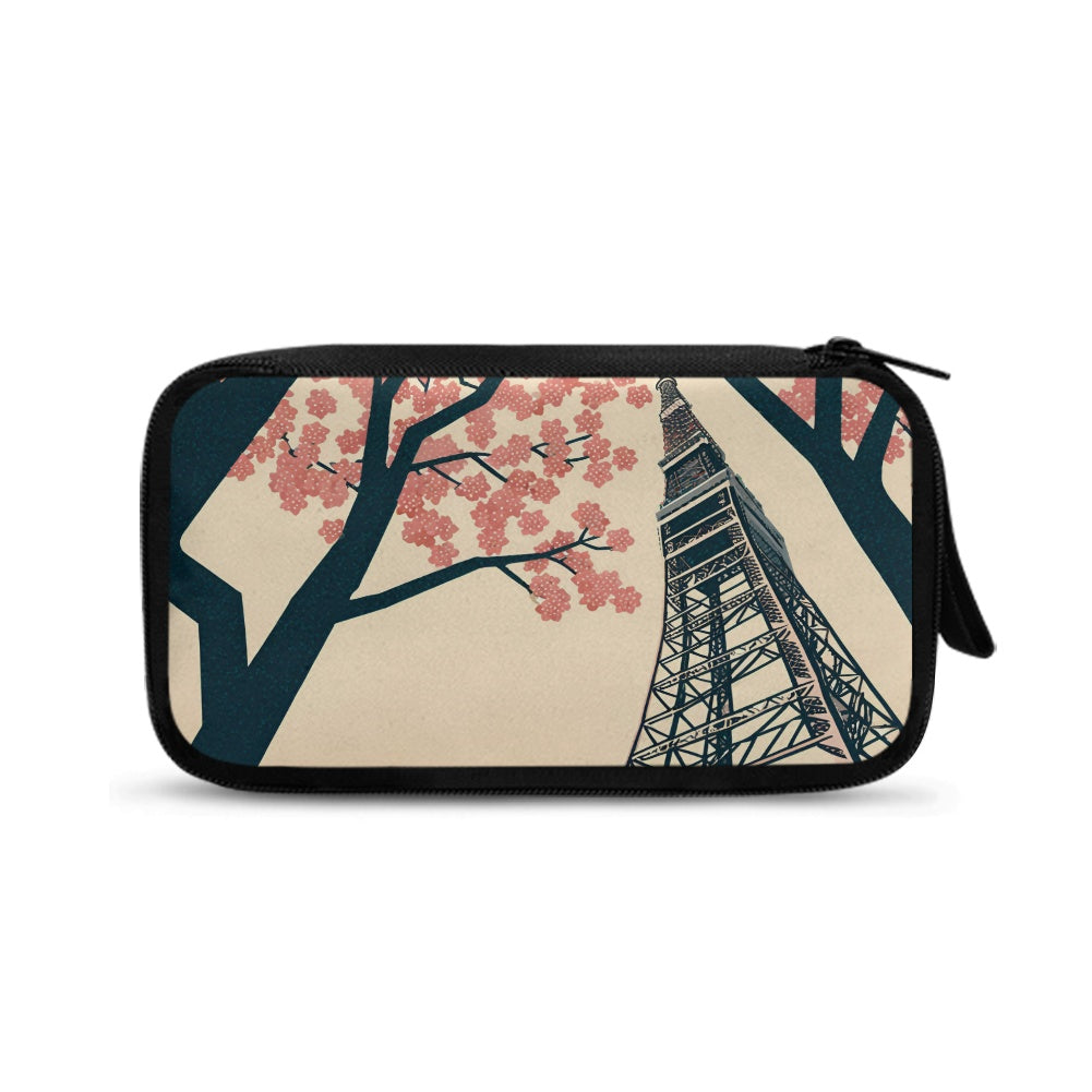 Pouch with Tokyo Tower and cherry blossom design on a white background